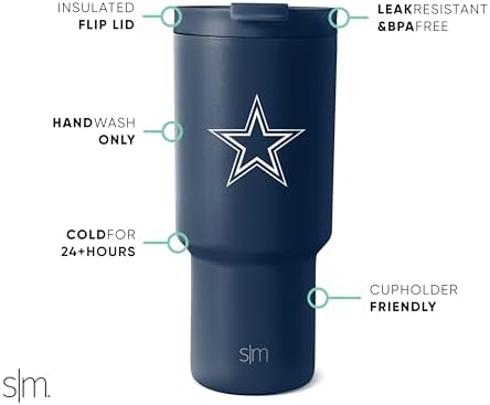 Simple Modern Officially Licensed NFL Dallas Cowboys 30 oz Tumbler with Flip Lid and Straws | Insulated Cup Stainless Steel | Gifts for Men Women | Trek Collection | Dallas Cowboys