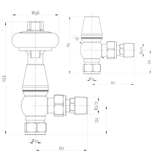 Chrome Traditional Angled Radiator Valves Antique Radiator Valves 15mm x 1/2" for Heated Towel Rails & Central Heating Radiators Wood Head Brass Radiator Valve Set