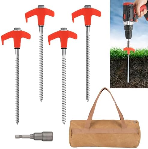 8" Screw in Tent Stakes 16PCS - Ground Anchors Screw in, Screw in Tent Stakes Heavy Duty, Galvanized - Tent Accessories, Metal Threaded Tent Spikes with Hex Head Driver and Storage Bags