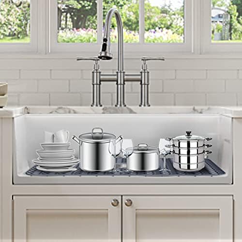 AWOKE Sink Protectors for Kitchen Sink - 29"x 15.35" Sink Mat - Heat-resistant Easy-clean Silicone Sink Mat - for Protection of Stainless Steel Sink - with 3 Reserved Holes (Grey)