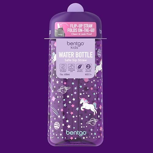 Bentgo Kids Water Bottle - Leak-Proof, Durable Tritan, BPA-Free 15 oz. Cup for Kids/Toddlers Ages 3+, Safe Sip Spout, Carrying Handle, & Dishwasher Safe for School, Sports, Daycare & Camp (Unicorn)