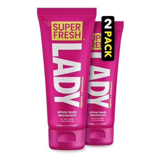 Whole Body Deodorant for Women by Super Fresh Lady Aluminum Free Powder Lotion for Privates and Body Stops Odor and Chafing Coconut Vanilla Scent 4 oz Tubes Twin Pack for Daily Feminine Care