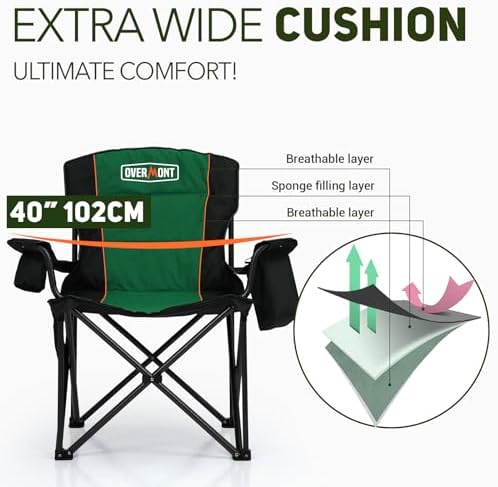 Overmont Oversized Folding Camping Chair - 450lbs Support with Padded Cushion Cooler Pockets - Heavy Duty Collapsible Chairs for Sports Garden Beach Fishing