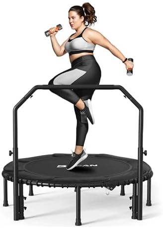 BCAN 450/550 LBS Foldable Mini Trampoline, 40"/48" Adult Fitness Trampoline with Bungees, U Shape Adjustable Foam Handle, Stable & Quiet Exercise Rebounder,Indoor/Outdoor Workout