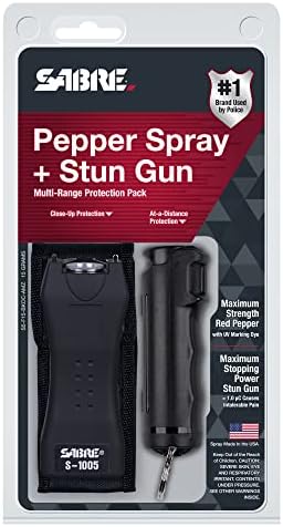 SABRE Pepper Spray & 2-in-1 Stun Gun with Flashlight, Self Defense Kit, Fast Flip Top Safety, Finger Grip for Better & Faster Aim, Painful 1.60 µC Charge, 120 Lumen LED Light, Rechargeable, 0.54 fl oz