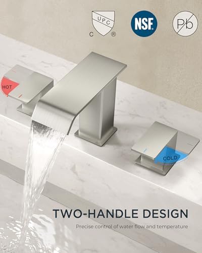FORIOUS Widespread Bathroom Sink Faucet 3 Hole Brushed Nickel, 2 Handles Waterfall Bathroom Faucet with Metal Pop-up Drain and 24" Hot and Cold Water Hoses, Suitable for Vanity RV Restroom