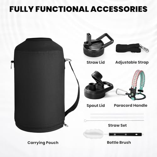 One Gallon Water Bottle Insulated, Triple Walled Vacuum Stainless Steel (Cold for 48 Hrs), Leak Proof & Non-BPA, Large Water Flask Jug with Paracord Handle & Straw Spout Lids