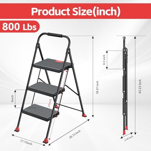 Step Ladder Foldable Folding Stool - for Home Adults Kitchen 3 Stepping Extension Tall Heavy Duty with Handrails - Closet Stepstool Stair Ladders Extendable Stepladder for Indoor House 800Lbs