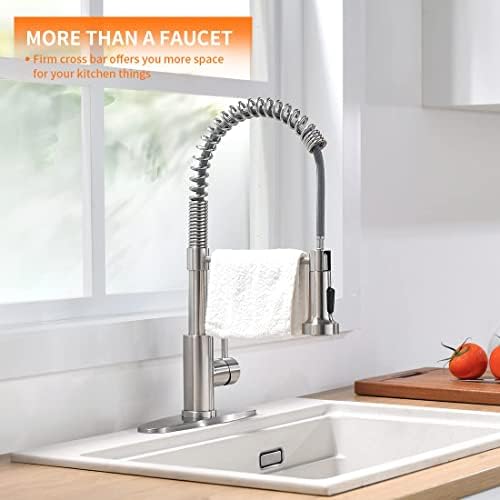 OWOFAN Kitchen Faucet Low Lead Commercial Solid Brass Single Handle Single Lever Pull Out Pull Down Sprayer Spring Kitchen Sink Faucet, Brushed Nickel Kitchen Faucets 866053SN