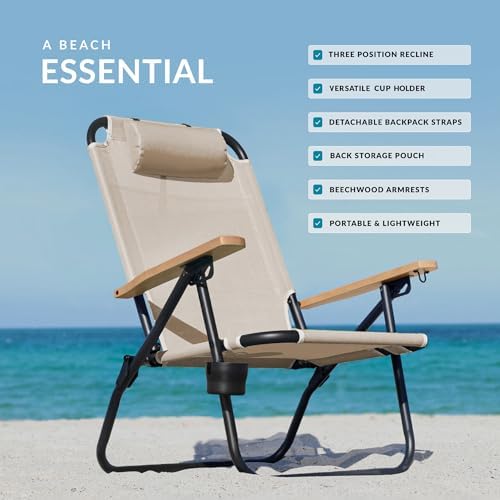 Water Buffalo Bondi Beach Chair – Backpack Beach Chair for Adults with Reclining Positions, Cup Holder & High Back Support