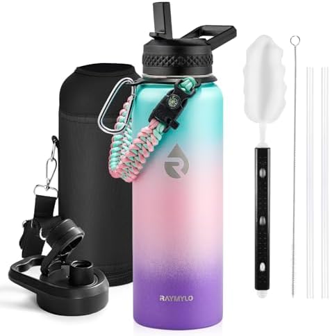 Insulated Water Bottle 40 oz, Triple Wall Vacuum Stainless Steel (Cold for 48 Hrs), Leak Proof & BPA-Free, Modern Water Flask Jug with Paracord Handle & Straw Spout Lids, Hydrangea