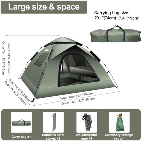 Instant Pop Up Tents for Camping, 2-3 Person Camping Tent 60s Automatic Easy Setup Tent, Double-Thick Waterproof Instant Tents for Hiking Backpacking