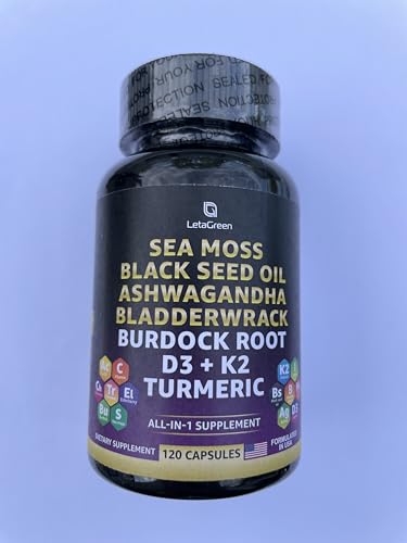 LetaGreen Sea Moss Black Seed Oil Ashwagandha Bladderwrack Burdock Turmeric & Vitamin C, D3, K2 with ACV Elderberry Manuka Honey Dandelion Yellow Dock Iodine Chlorophyll 240 Count