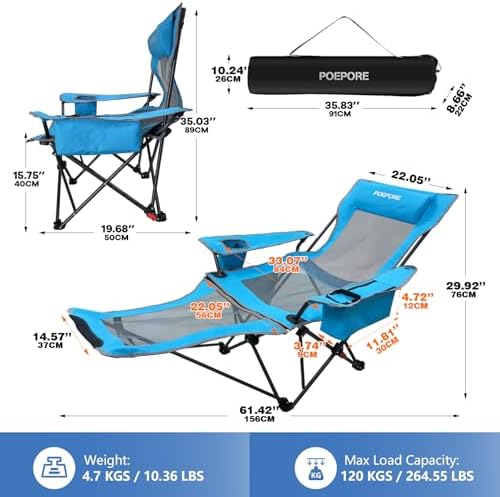Reclining Camping Chair 4 Position with Foot Rest Comfortable for Adults 265Ibs Folding Lounger Mesh Beach Chair with Cooler Bag and Cup Holder for Outdoor Patio