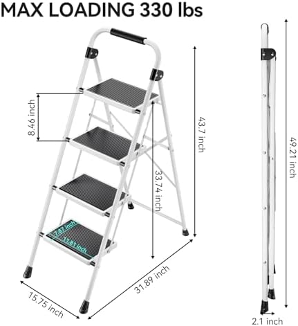 KINGRACK Step Ladder 4 Step Folding Step Stool for Adults with Handrails Heavy Duty Steel Sturdy Lightweight Collapsible Portable Step Ladder with Anti-Slip Wide Pedal,White