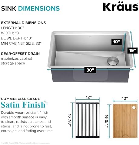 KRAUS Kore Workstation 30-inch Undermount 16 Gauge Stainless Steel Kitchen Sink, Single Bowl Kitchen Sink with Accessories, KWU110-30