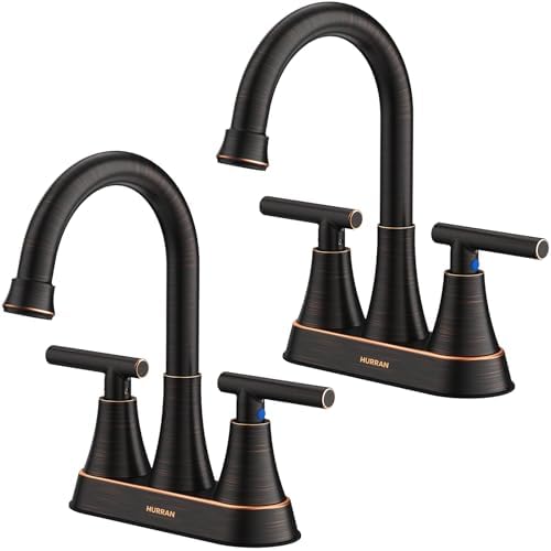 Bathroom Faucets for Sink 3 Hole, Hurran 4 inch Oil Rubbed Bronze Bathroom Sink Faucet with Pop-up Drain and Supply Hoses, Stainless Steel Lead-Free Centerset Faucets for Vanity RV, 2 Pack