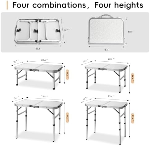 Small Camping Table 2Ft Folding Table 3 Adjustable Height Portable Lightweight Table Aluminum Fold Up Dining Table for Picnic,Beach BBQ,Cooking, Bed Working Outdoor & Indoor