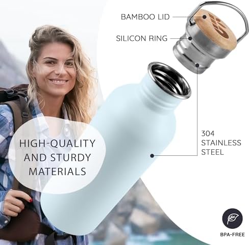 Bambaw Metal Water Bottle 750 ml, Light Blue Sports Bottle, Non-Insulated Water Bottle, Stainless Steel Bottle 750 ml, Stainless Steel Bottle – Nordic Blue