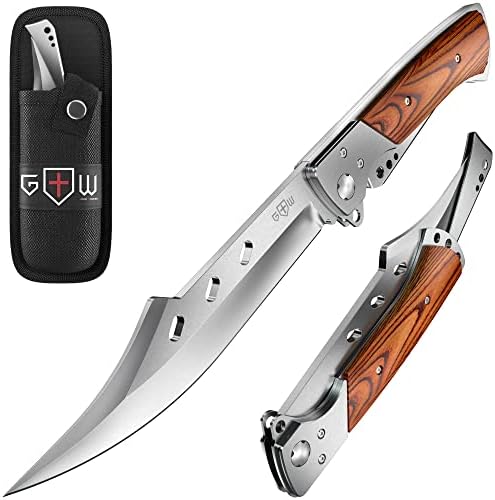 Grand Way Long Blade Folding Knife - Sharp Hunting Hiking Camping Tactical Survival Work Knives for Men Women - Foldable Large Knife with Rosewood Handle - Stocking Stuffers Gifts 4172