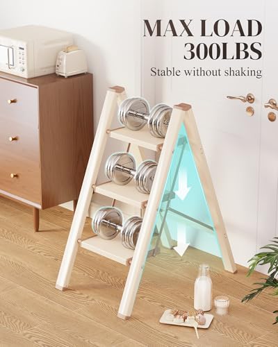 GameGem 3 Step Ladder, Folding Step Stool with Wider Pedal, Anti-Slip Feet & Non Slip Stripes, Aluminum Sturdy Material, 300Lbs Capacity, Elegant Look of Cream Chocolate Better Matches Your Home