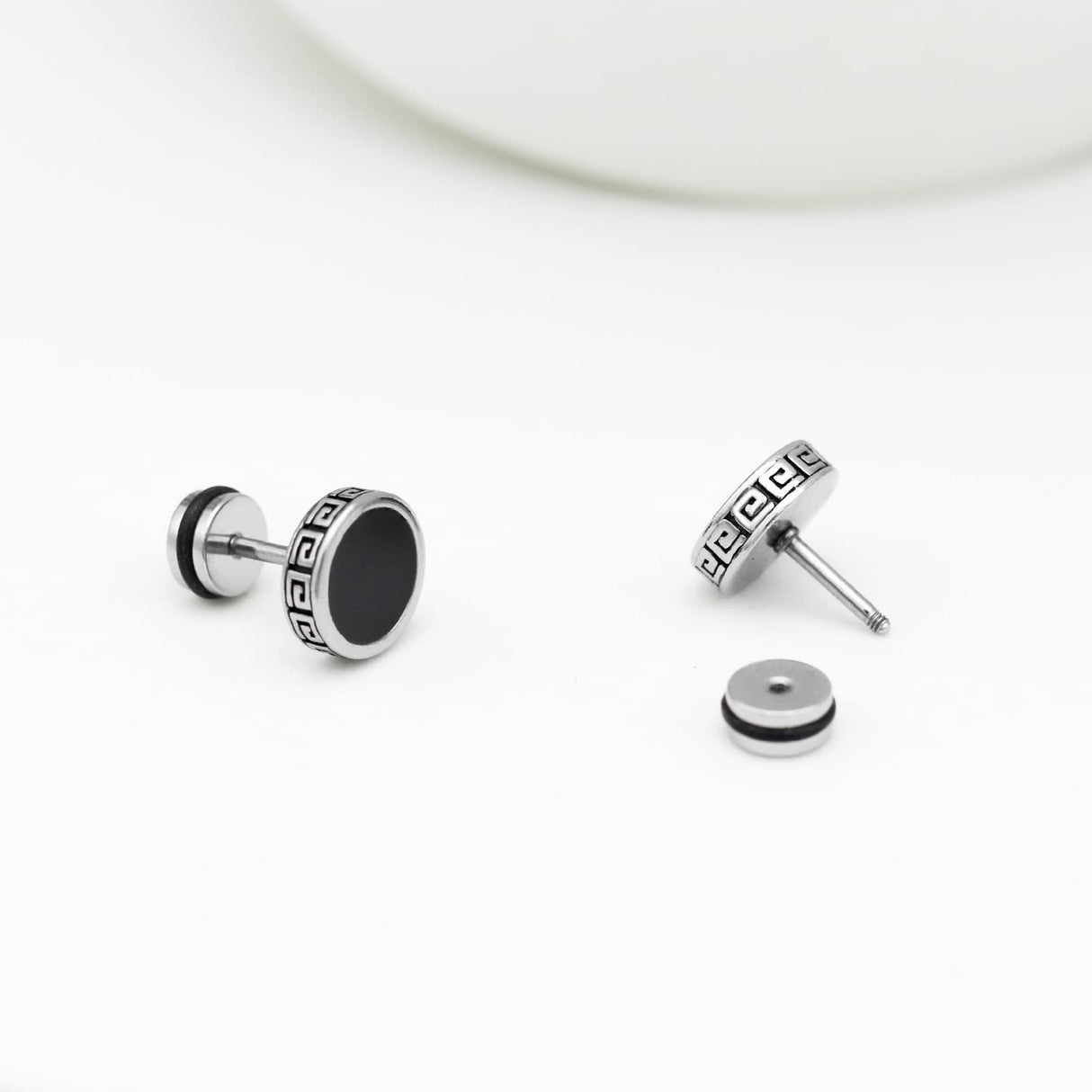 【Hypoallergenic Earrings for Men】-18G Flat Mens Surgical Steel Black Stud Earring 10mm (0.4")-【For Sensitive Skin & New Piercings】 Textured Brick Design Pair 0.28oz Men's jewelry-Para Hombre (Black)