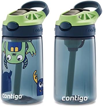 Contigo Aubrey Kids Water Bottle, Cleanable Silicone Straw, Spill-Proof Lid, Dishwasher Safe, 14oz 2-Pack, Blueberry & Monsters Theme