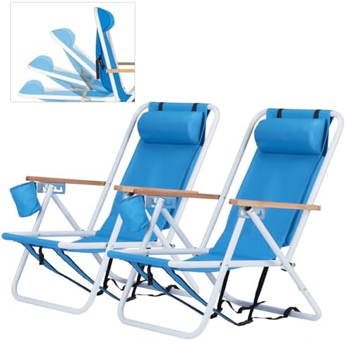 Outvita Folding Beach Chair Adjustable Headrest w/4 Flexible Tilt Angle, Cup Holder Portable High Strength Cleanable Fabric, for Sand Camping Lawn Concert Travel Festival