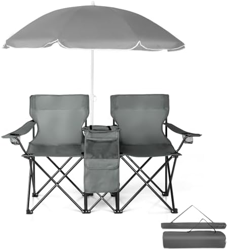 Outvita Folding Double Camping Chair w/Umbrella Beverage Holder Carrying Bag Cooler Fold Up Table, Large Bearing Capacity for Beach Patio Pool Park Outdoor Gray