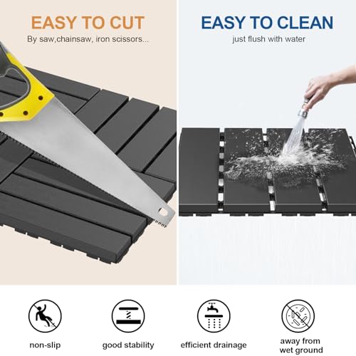 Goovilla Plastic Interlocking Deck Tiles, 9 Pack , 12"x12" Waterproof Outdoor Flooring All Weather Use, Patio Floor Decking Tiles for Porch Poolside Balcony Backyard, Dark Grey