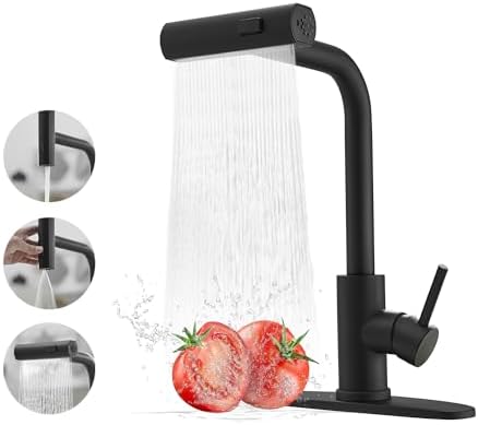 Black Kitchen Faucets with Pull Down Sprayer,Waterfall Kitchen Sink Faucet,Commercial Utility Stainless Steel Kitchen Faucets,Single Handle Kitchen Sink Faucet with Pull Down Sprayer for 3 Function