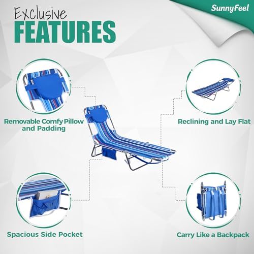 SunnyFeel Beach Lounge Chair, Backpack Reclining Beach Chairs Lay Flat, Face Down Tanning Chair, Folding Camping Chairs Portable Camp Cot with Backpack Straps for Outdoor/Picnic/Lawn