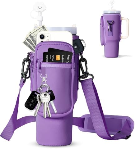 dabria Water Bottle Carrier Bag with Phone Pocket for Stanley 40/30 oz Tumbler Neoprene Water Bottle Holder Pouch with Adjustable Strap Bollus with Straw Cover & Carabiner for Stanley Cup Accessories