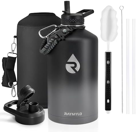 One Gallon Water Bottle Insulated, Triple Walled Vacuum Stainless Steel (Cold for 48 Hrs), Leak Proof & Non-BPA, Large Water Flask Jug with Paracord Handle & Straw Spout Lids