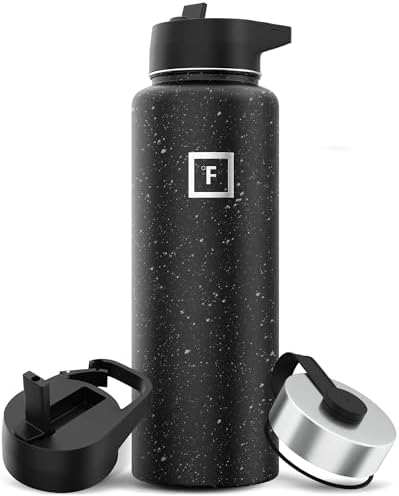 IRON °FLASK Camping & Hiking Hydration Flask with 3 Lids - Stainless Steel, Double Walled & Vacuum Insulated Water Bottle - Leak Proof & BPA Free (Black Speckle, Straw - 40 oz)