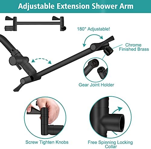 Shower Head, 12ββ High Pressure Rainfall/Handheld Shower Combo with 11'' Extension Arm, 9 Settings, Anti-leak Shower Head with Holder, Height/Angle Adjustable, Matte Black