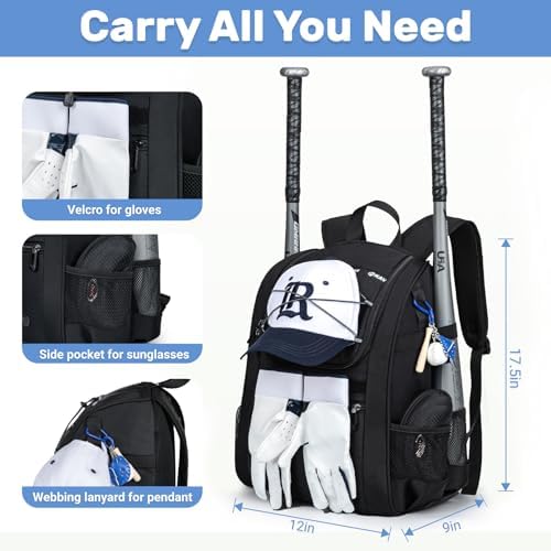 Youth Baseball Bag, Softball Bag for Girls & Boys, Kids Tball Backpack with Shoes Compartment