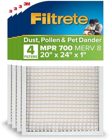 Filtrete 20x24x1 AC Furnace Air Filter, MPR 700, MERV 8, Tough on Pollen, Easy on Airflow, 3-Month Pleated 1-Inch Electrostatic Air Cleaning Filter, 4-Pack (Actual Size 19.81 x 23.81 x 0.81 in)