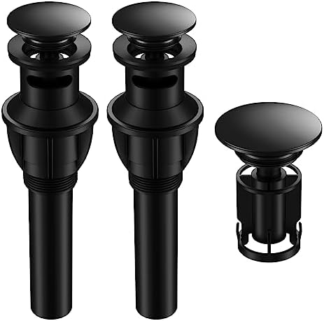 Bathroom Sink Drain with Overflow, Universal Bathroom Sink Stopper for Bathroom Vanity Vessel Sink, Rapid Draining Plastic Pop-up Sink Drain with Hair Catcher Anti-Clog Strainer, 2 Pack, Matte Black