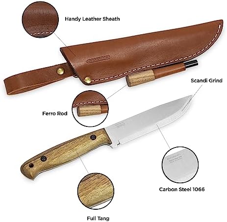BPS Knives Adventurer - Bushcraft Knife - Fixed-Blade Carbon Steel Knife with Leather Sheath and Firestarter - Outdoor Full Tang Knives - Camping Knives - Survival Tactical Camp Knives