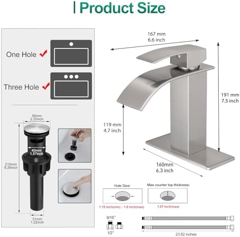 VOTON Waterfall Bathroom Faucets Brushed Nickel Modern Single Handle Sink Faucet for 1 or 3 Holes with Deck Plate and Pop-Up Drain, Rv Sink Camper Farmhouse Faucet