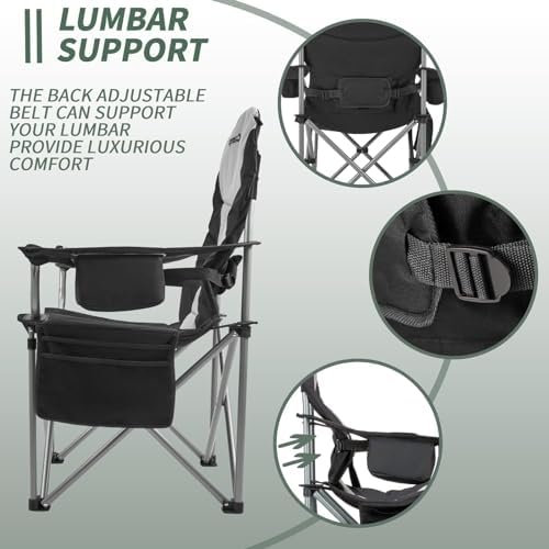 KingCamp Oversized Camping Folding Chair with Lumbar Support, Heavy Duty Ergonomic Padded Arm Chair with Cooler Bag, Cup Holder, Portable for Outdoor