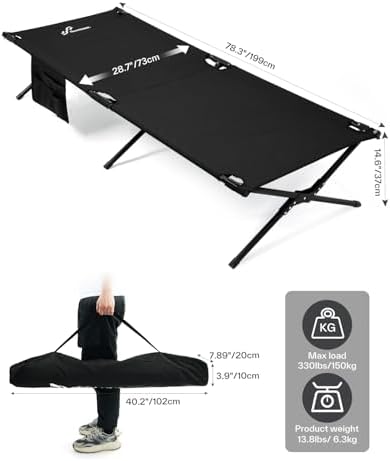 Sportneer Camping Cot: 78.3"x28.7"x14.6" Comfort Cot Bed for Camping Traveling Guest Bed, Sleeping Cots for Adults with Side Pockets & Storage Bag - Ease of Assembly, Support 330 Lbs