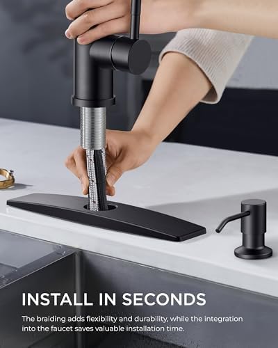 FORIOUS Black Kitchen Faucet with Soap Dispenser and Pull Down Sprayer, High Arc Single Handle Classic 3 Modes Stainless Steel Faucet for Kitchen Sink Farmhouse RV Bar Laundry Camper