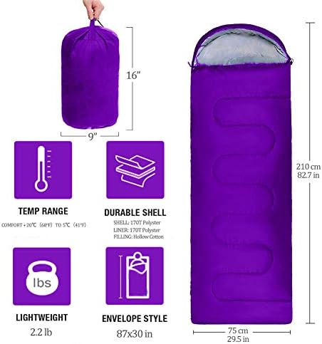 Sleeping Bag, Lightweight 3 Season Weather Sleep Bags for Kids Adults Girls Women, Microfiber Filled 5-20 Degree for Backpacking/Hiking/Camping/Mountaineering with Compression Sack