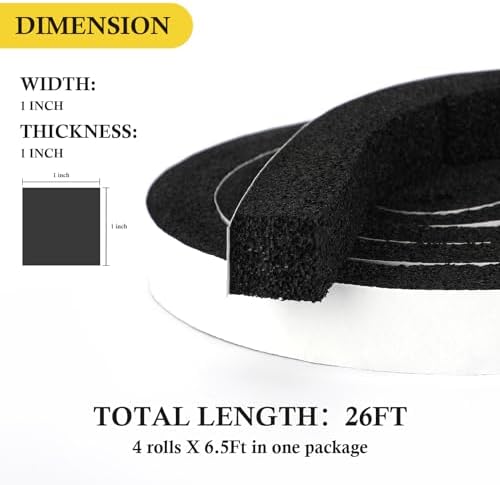 fowong Air Conditioner Window Seal 1 Inch X 1 Inch, Thick AC Weather Stripping High Resilience Foam Sealing Tape Adhesive AC Window Seal Kit 6.5ft Long (6.5ft x 4 Rolls, Black)