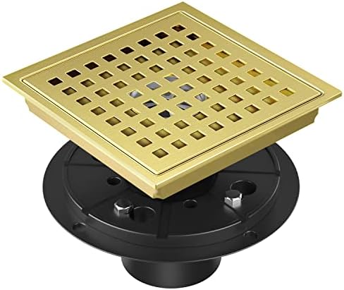 EXF Shower Drain 6 Inch Brushed Gold, Stainless Steel Square Shower Floor Drain Kit with ABS Flange, Removable Cover Grid Grate, Hair Strainer