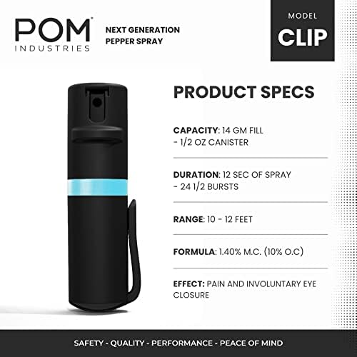 POM Pepper Spray Pocket Clip, Quick Flip Top Safety, Maximum Strength OC Formula with UV Marking Dye, Safe Compact and Tactical Design for Everyday Carry, 25 Bursts, 10 ft Range, 0.5 fl oz