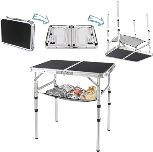Small Folding Table 2 Foot, Portable Camping Table with Mesh Holders,Lightweight Aluminum Adjustable Height, with Carry Handle for Camping Picnic Indoor Outdoor, White 24 x 16 inch (Black