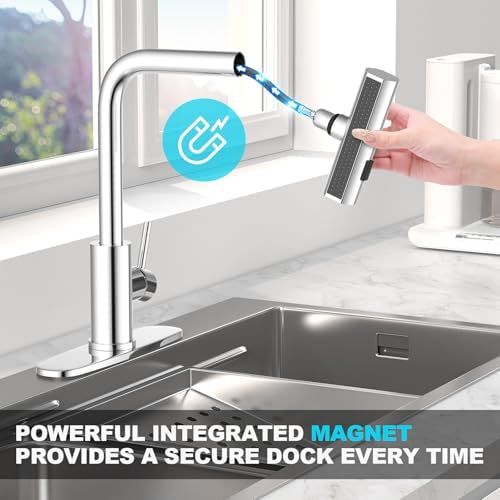 Single Hole Kitchen Faucets with Pull Down Sprayer in Chrome, Single Handle, High Flow Water, Pull Out Tap, Stainless Steel Sink Faucet, Suitable for Farmhouse Camper Laundry Rv Bar